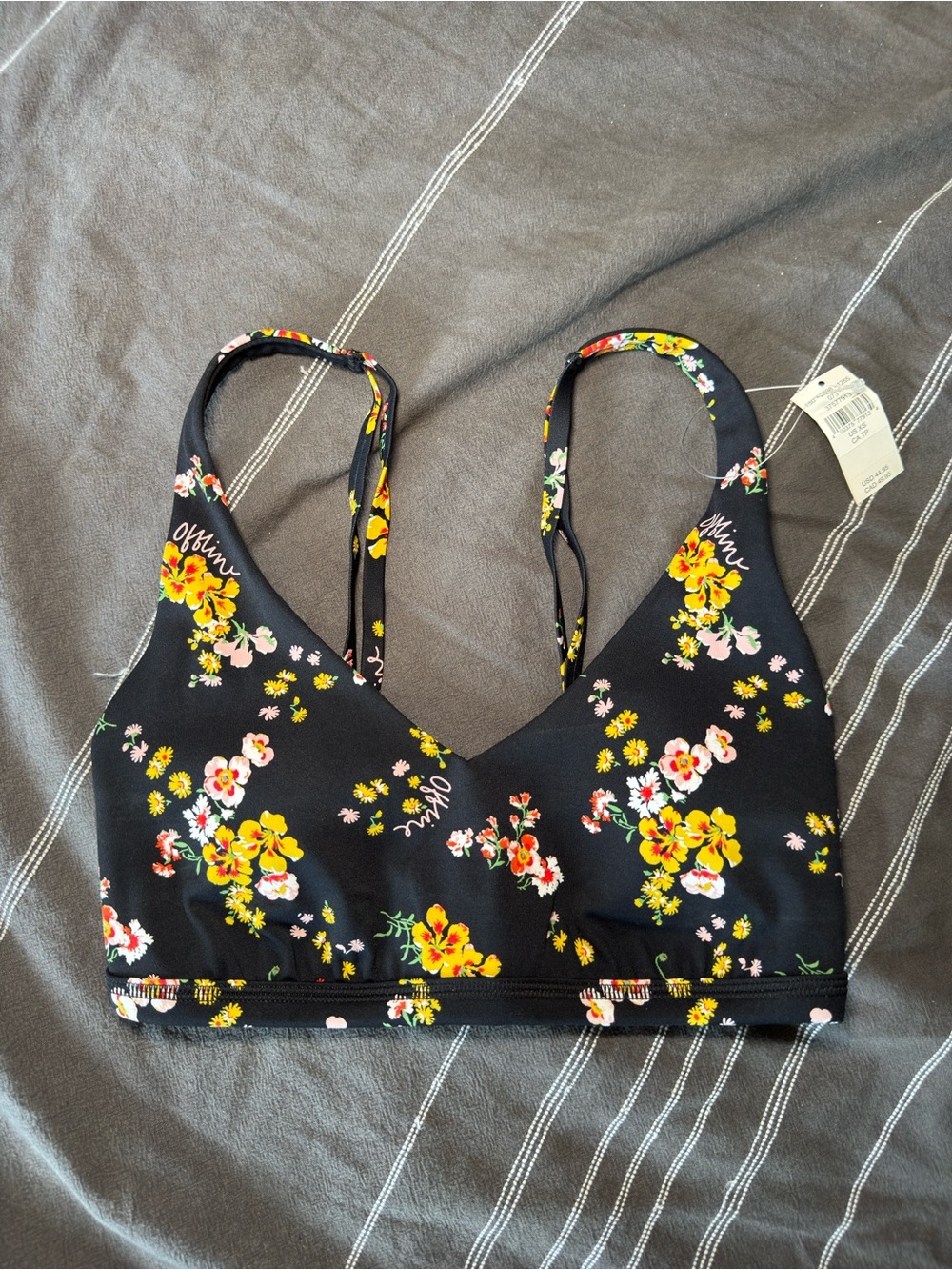 aerie Black Floral Sports Bra with Yellow & Pink Accents